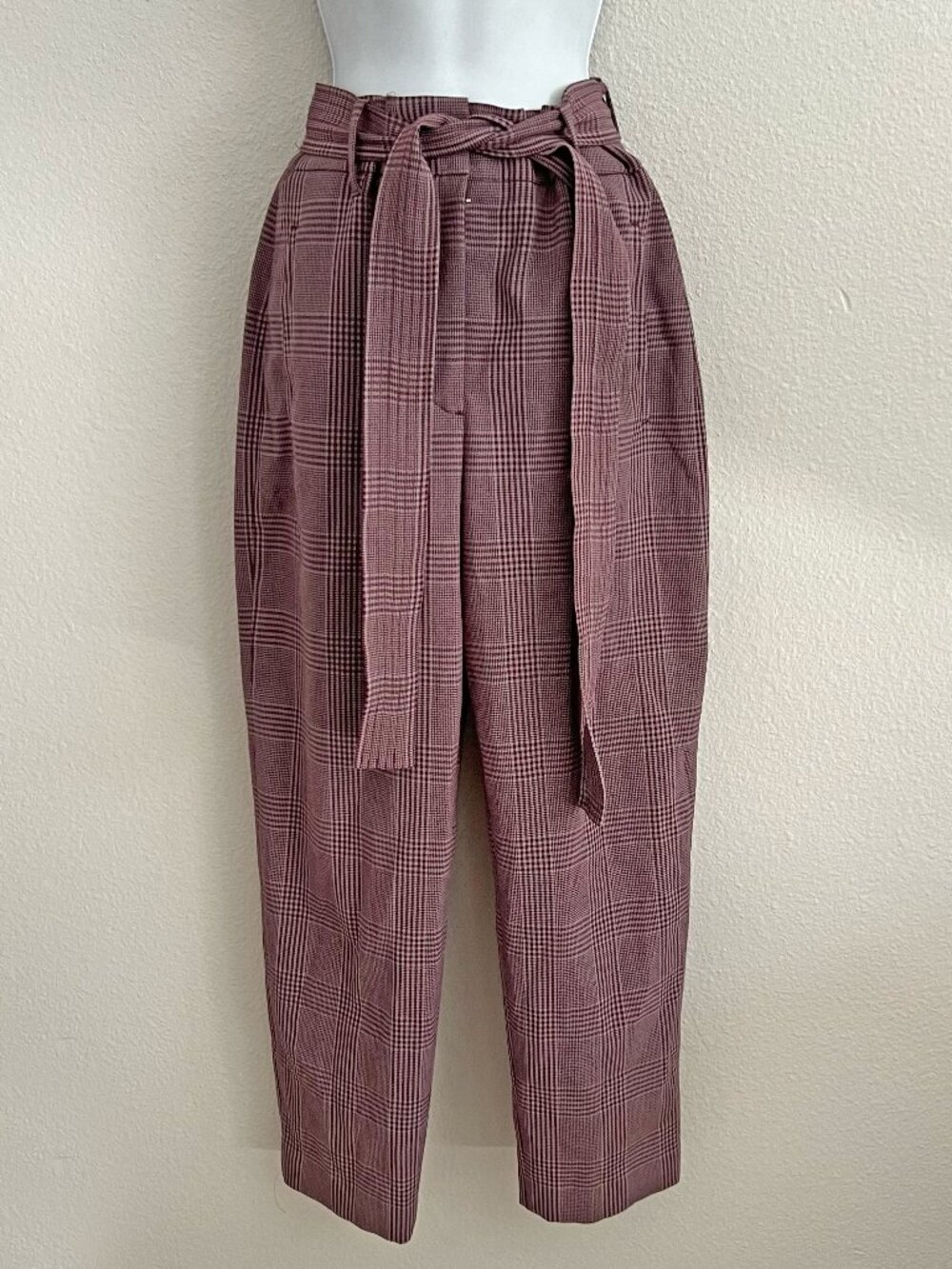 Aritzia Wilfred Tie Front Pants Belted Trousers Plaid Purple Cropped Size 4